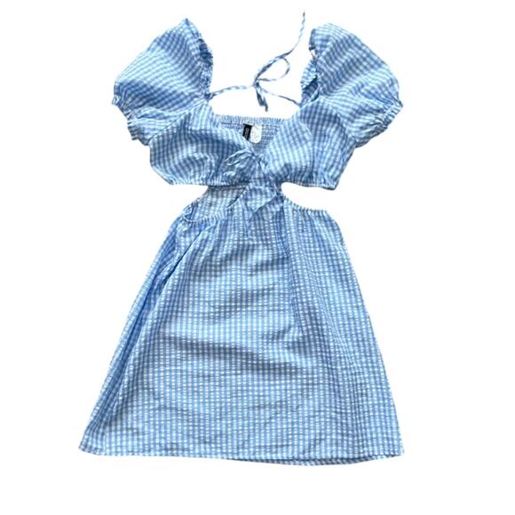 H&M Divided Blue White Cut Out Gingham Dress size Medium Searsucker - Picture 5 of 11